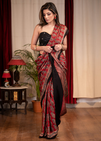 Pure modal silk block printed maroon Ajrakh saree