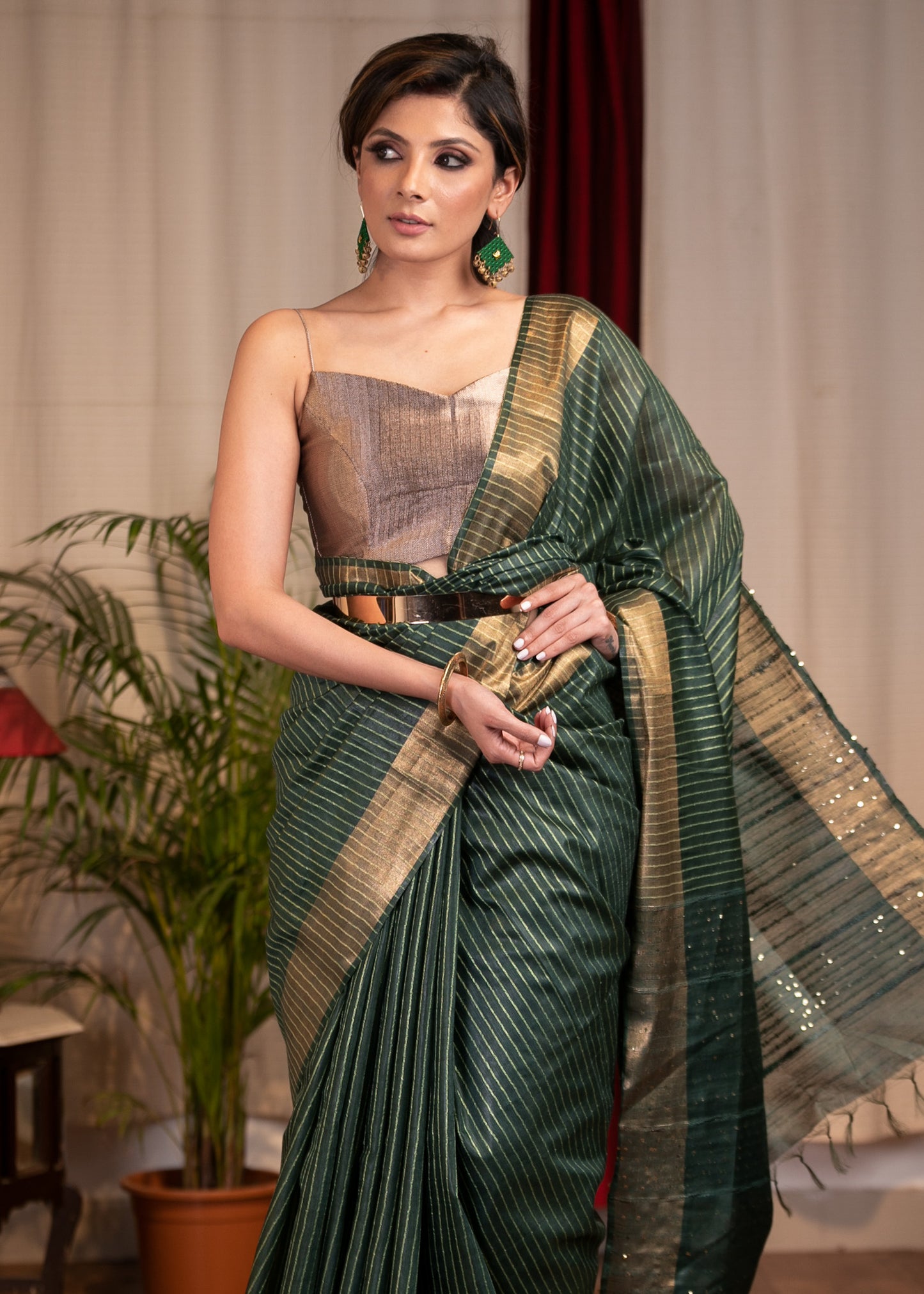 Exclusive striped olive green kota silk saree