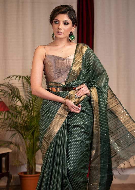 Exclusive striped olive green kota silk saree