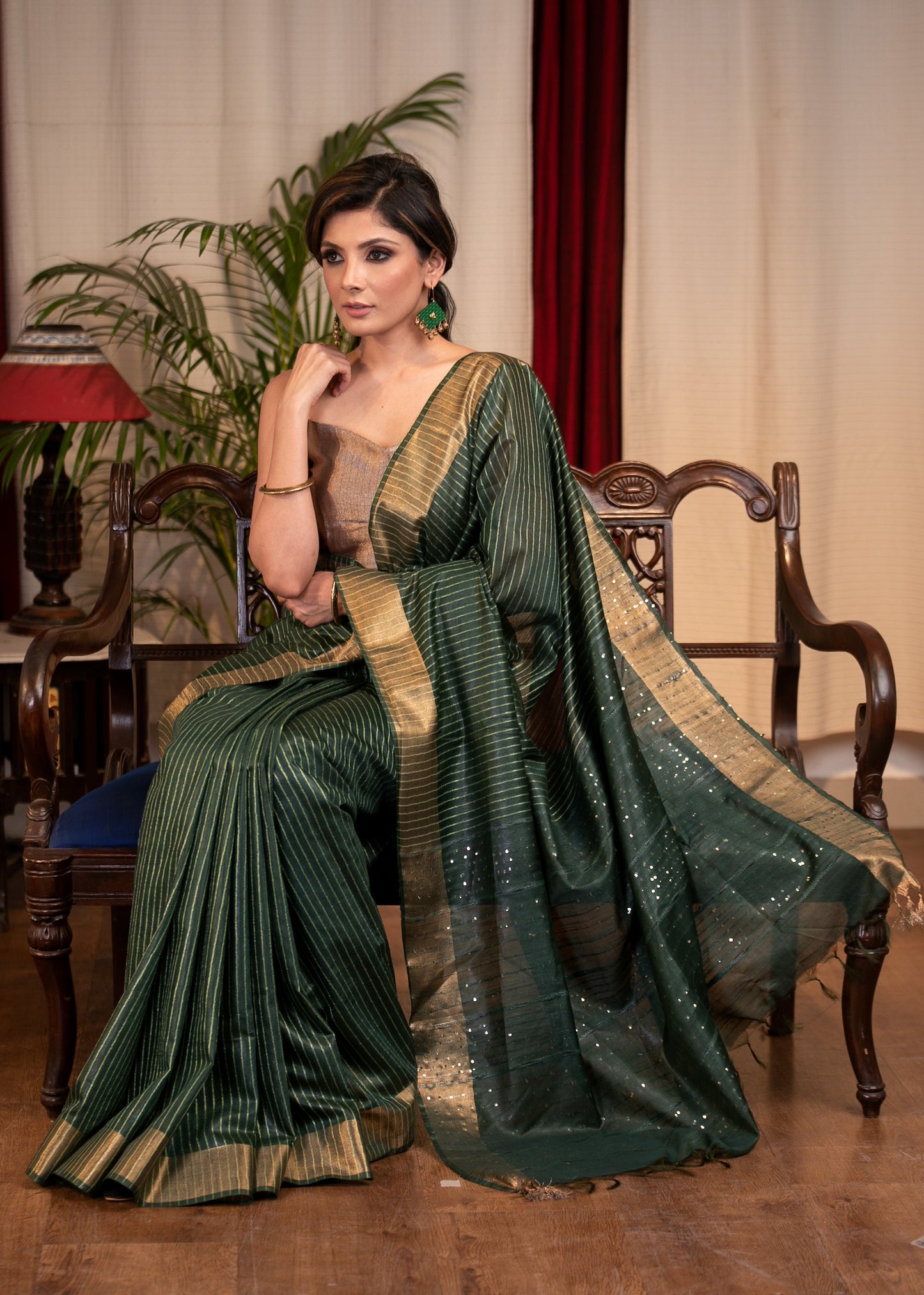 Exclusive striped olive green kota silk saree