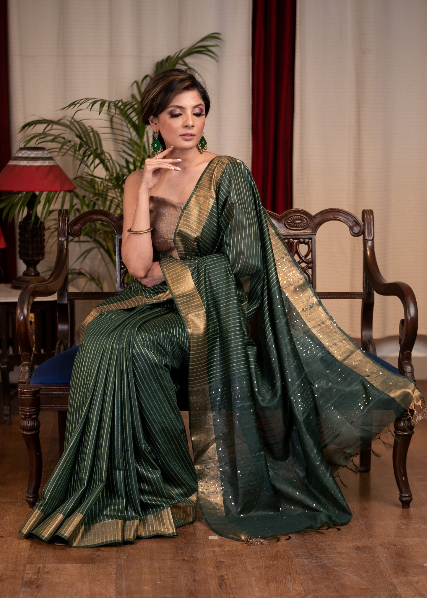 Exclusive striped olive green kota silk saree