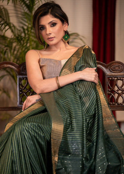 Exclusive striped olive green kota silk saree