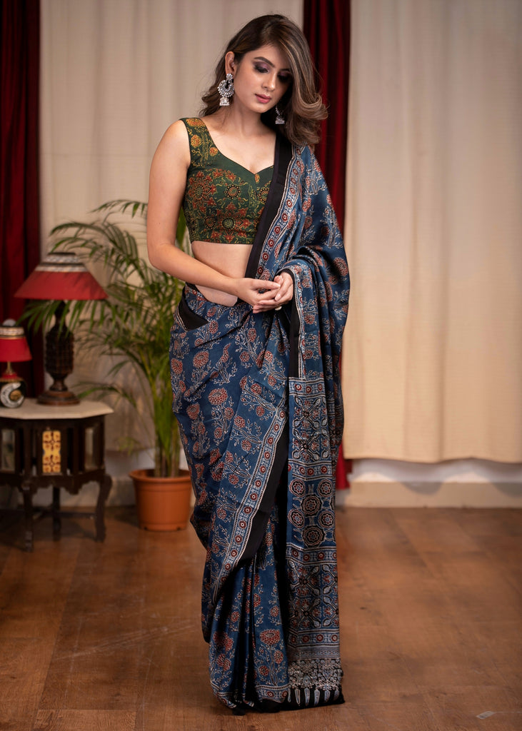 Pure modal silk block printed blue Ajrakh saree with floral motifs – Sujatra
