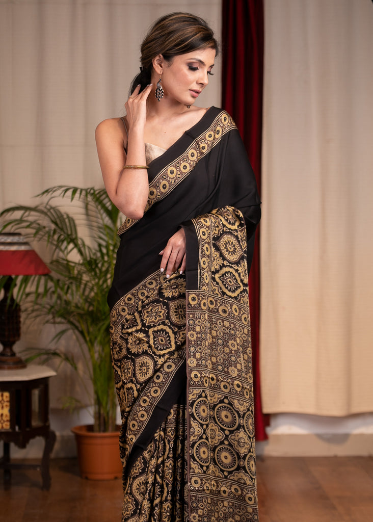 Pure modal silk block printed black designer Ajrakh saree – Sujatra