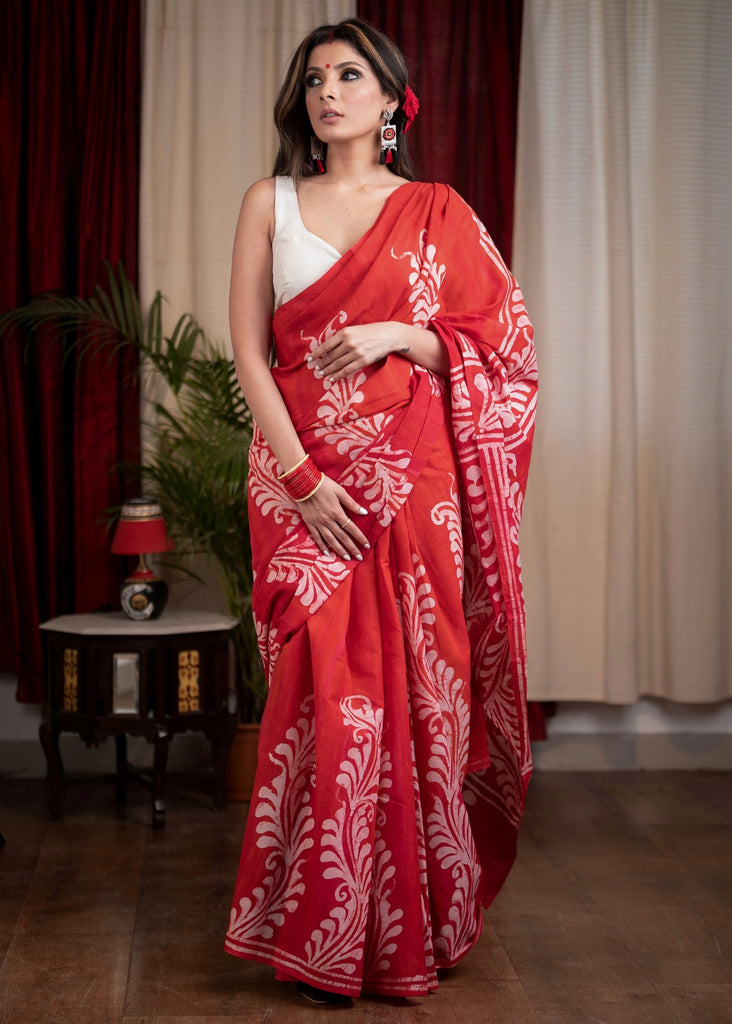 Exclusive red hand batik pure cotton saree
