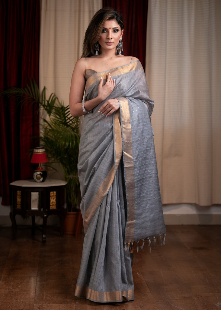 Exclusive striped, grey Kota silk saree