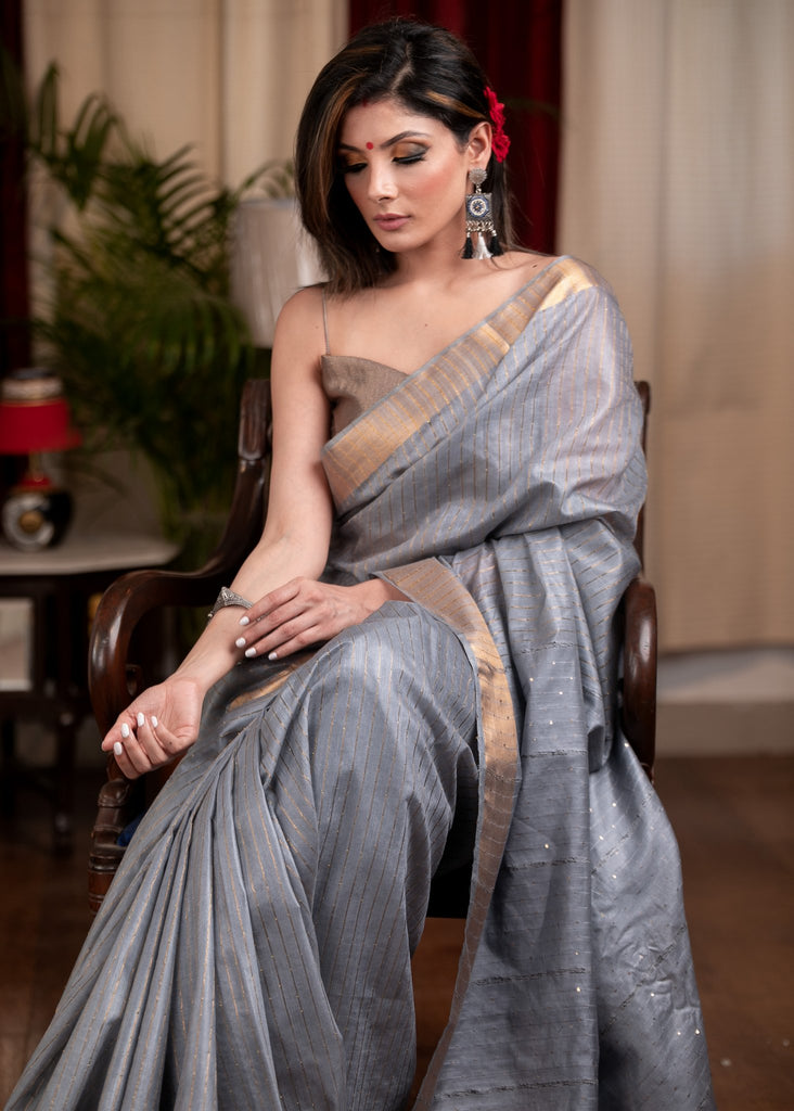 Exclusive striped, grey Kota silk saree