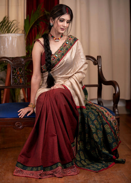 Exclusive tusser silk and Ajrakh combination saree with kutch mirror work border & maroon handloom cotton pleats