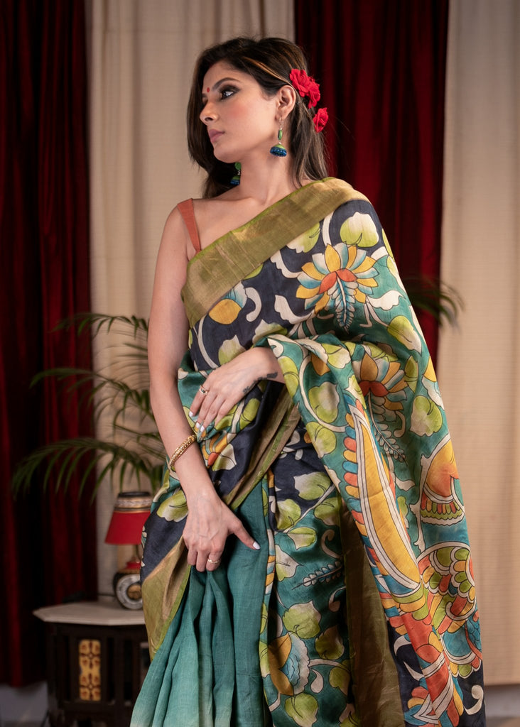 Exclusive pure tusser silk hand painted kalamkari design saree