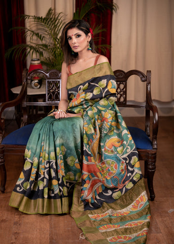 Exclusive pure tusser silk hand painted kalamkari design saree