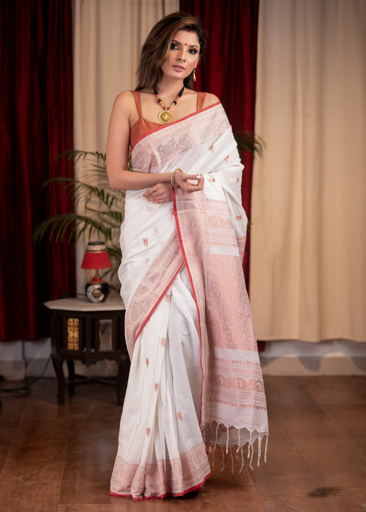 Pure white Bengal handloom cotton jamdani saree