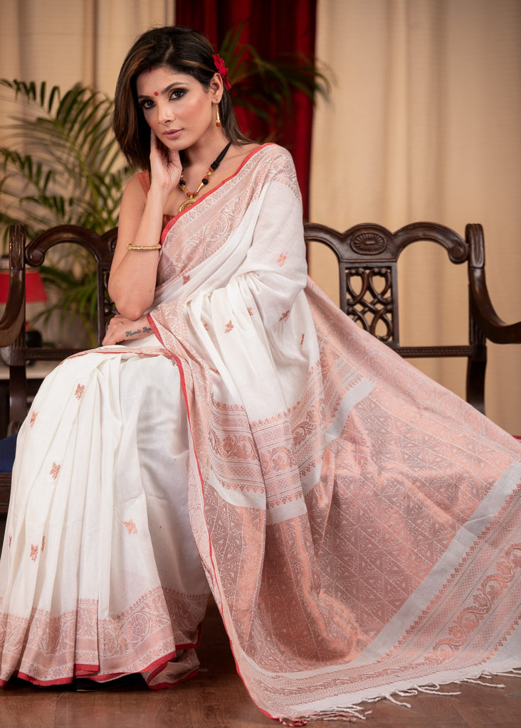 Pure white Bengal handloom cotton jamdani saree