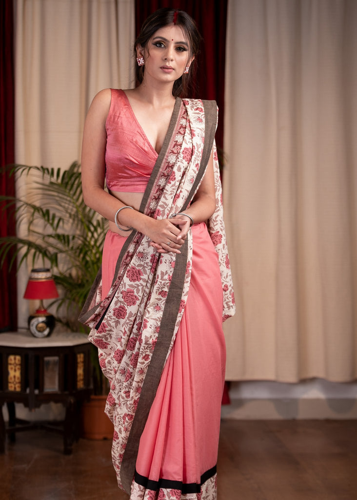 Exclusive dabu printed pure cotton & pink chanderi combination saree