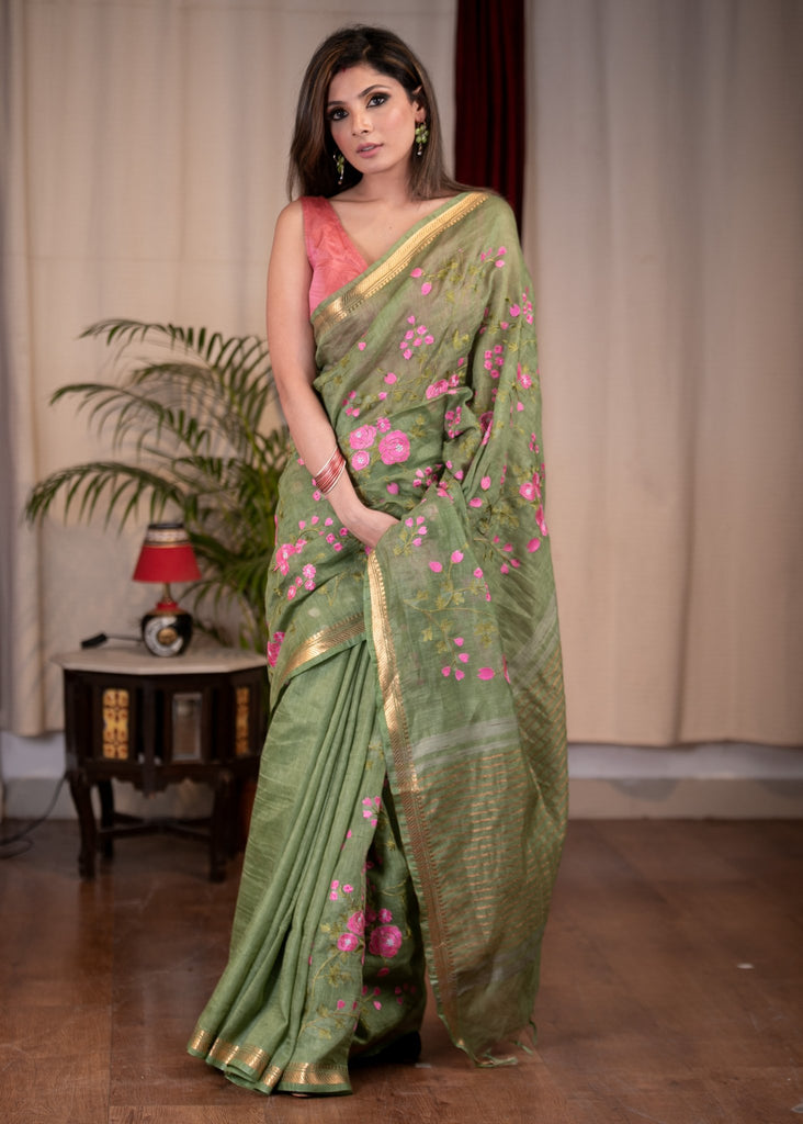 Exclusive embroidered olive green pure linen saree