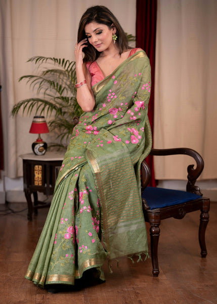 Exclusive embroidered olive green pure linen saree