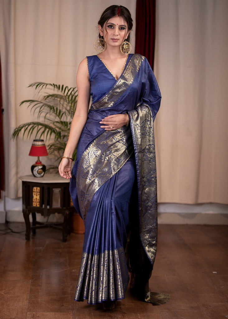 Blue silk staple Benarasi saree