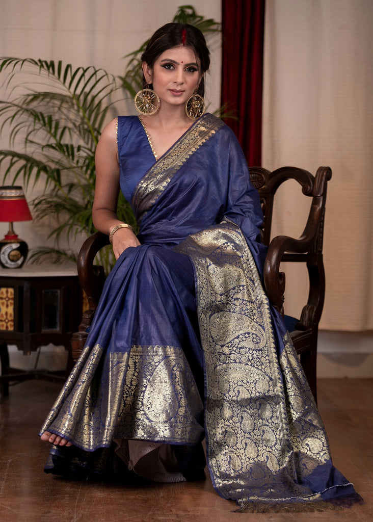 Blue silk staple Benarasi saree