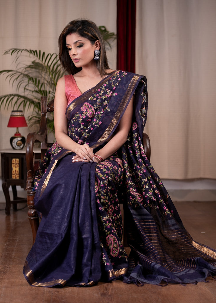 Exclusive embroidered royal blue pure linen saree