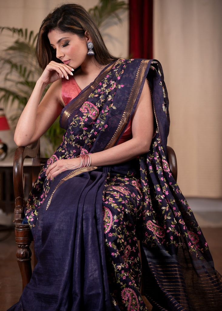 Exclusive embroidered royal blue pure linen saree