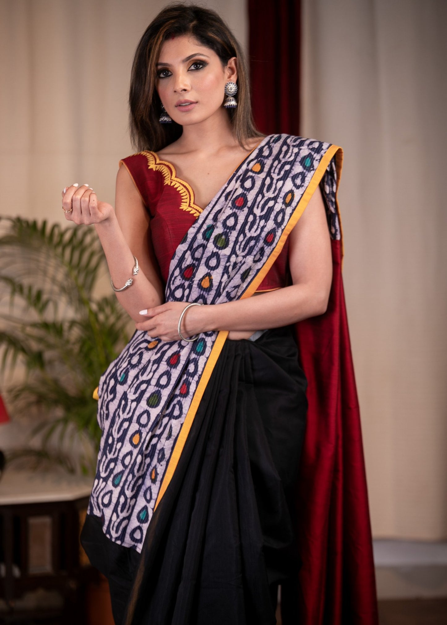 Combination of Indigo & black chanderi saree