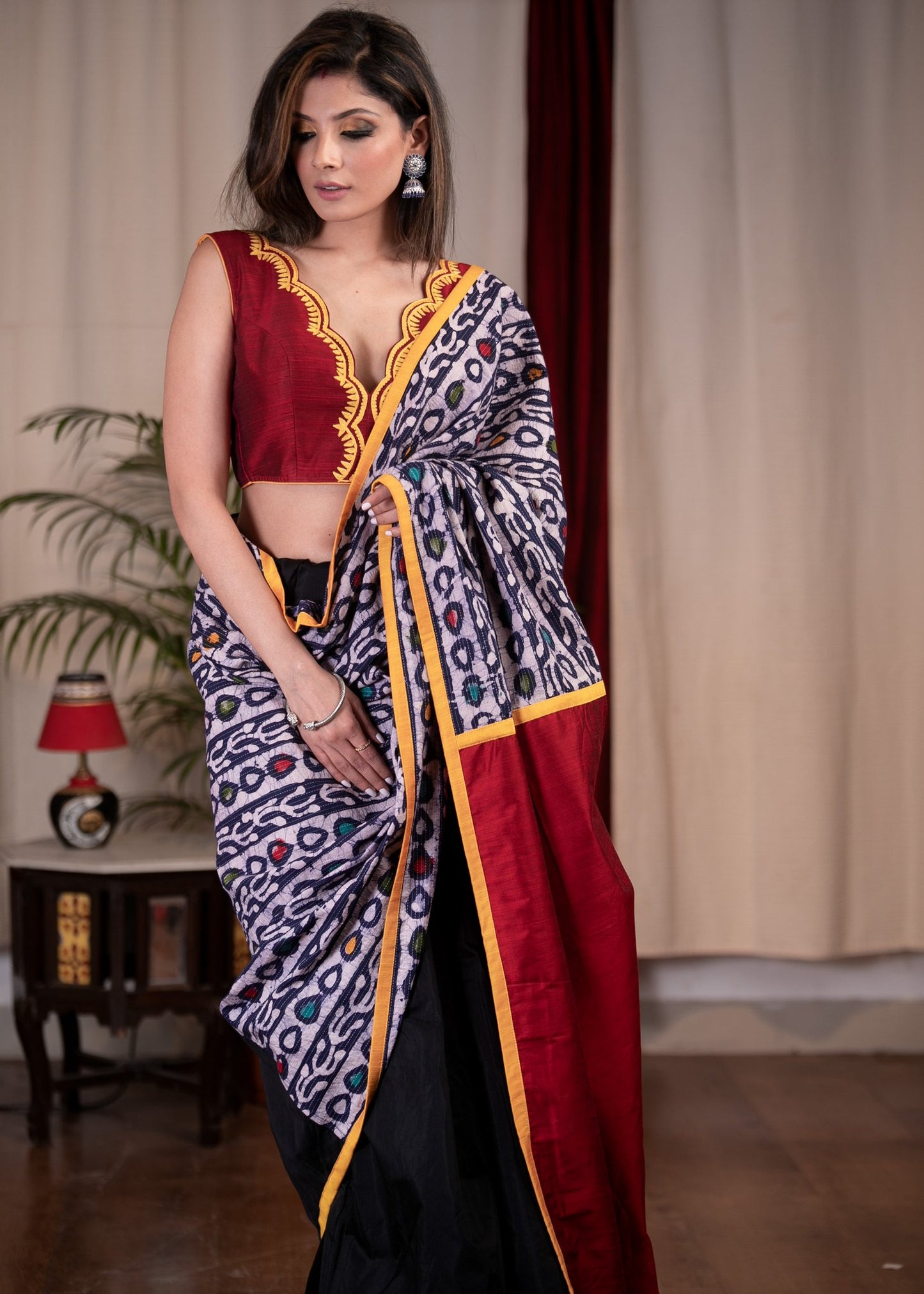 Combination of Indigo & black chanderi saree