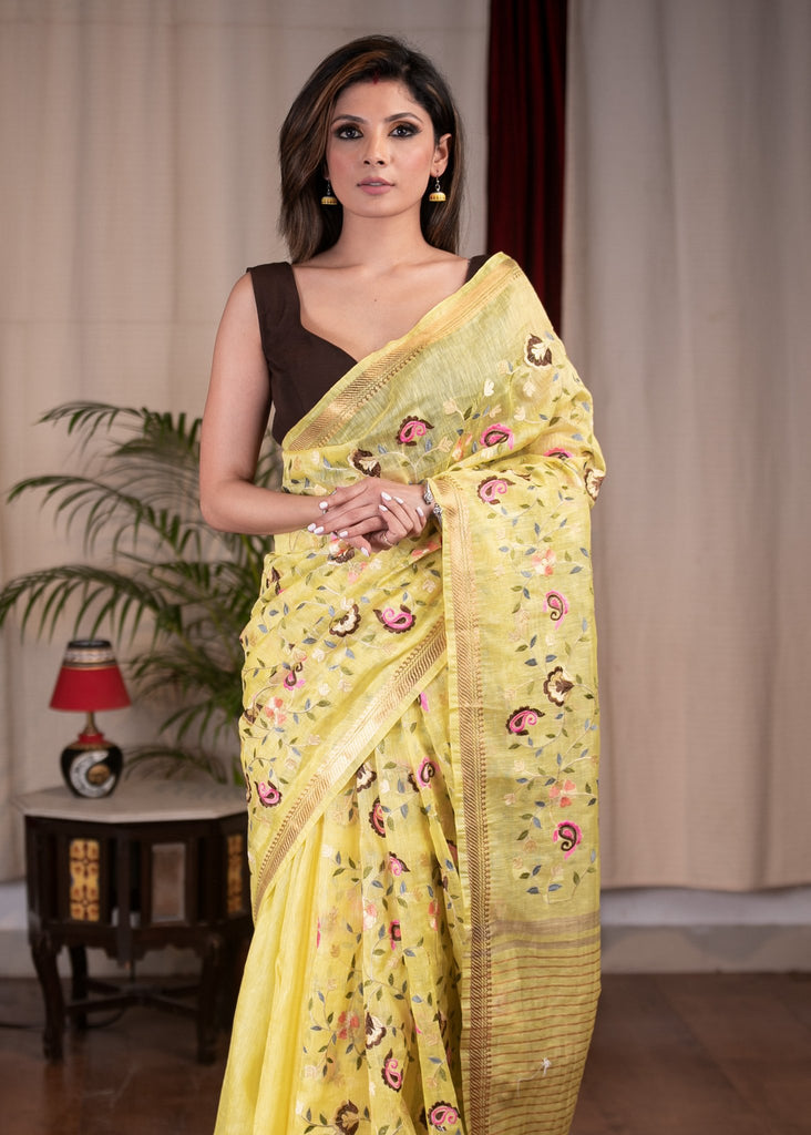 Exclusive embroidered yellow pure linen saree