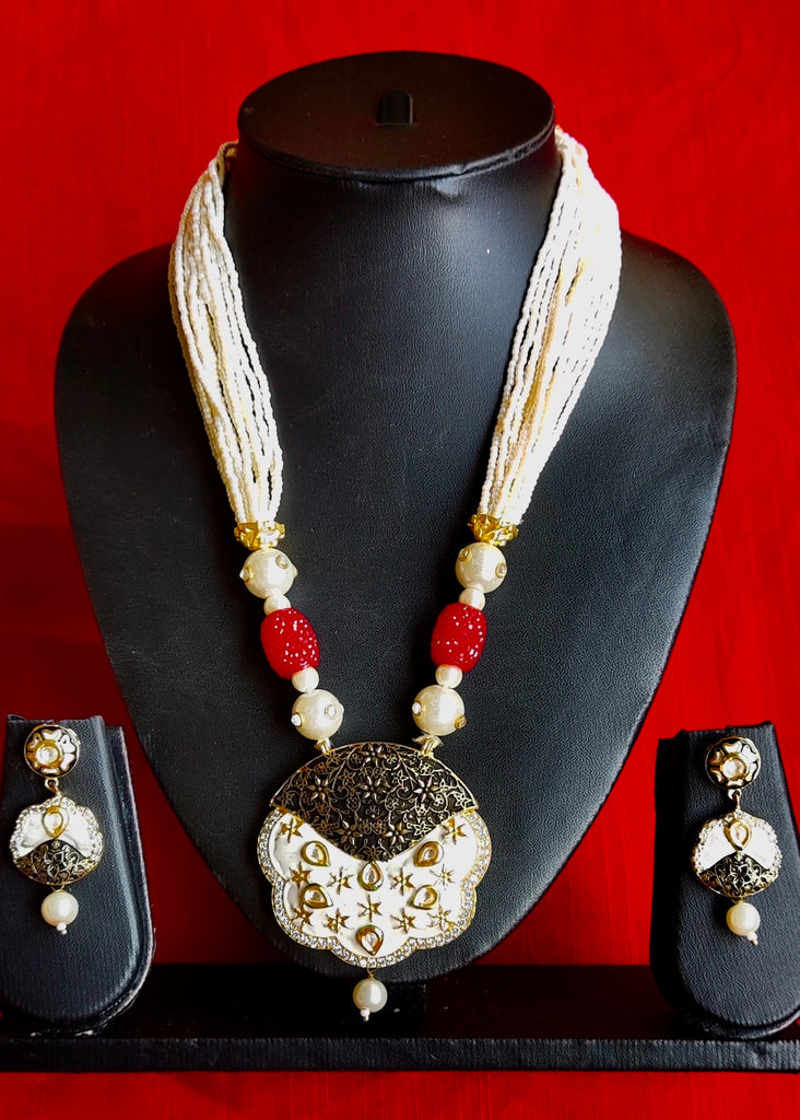 Exclusive multilayer white beaded Jaipuri pendant necklace