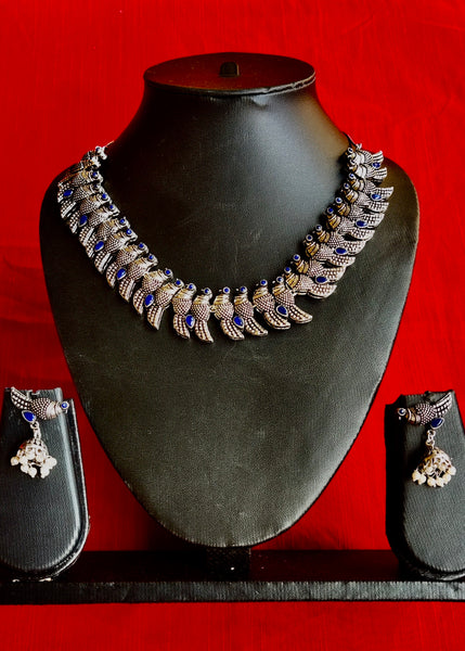 Exclusive oxidized bird design blue necklace set