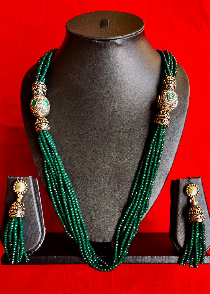 Exclusive green semi precious stones multi layer Jaipuri necklace set