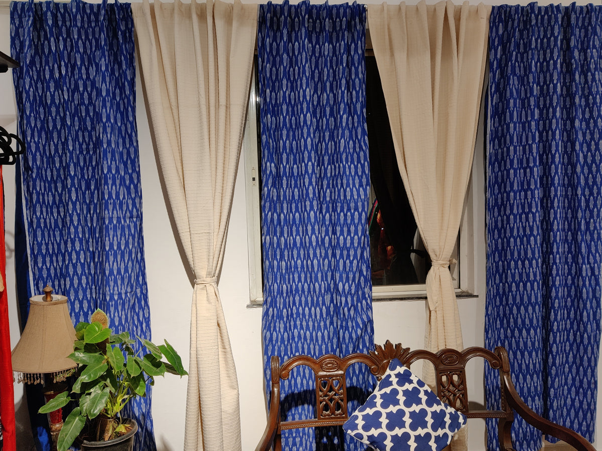 Exclusive ikat and offwhite chequered cotton curtain set - 5 pc set