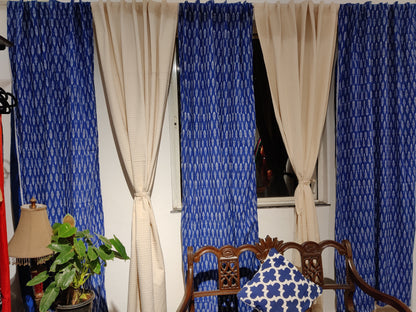 Exclusive ikat and offwhite chequered cotton curtain set - 5 pc set