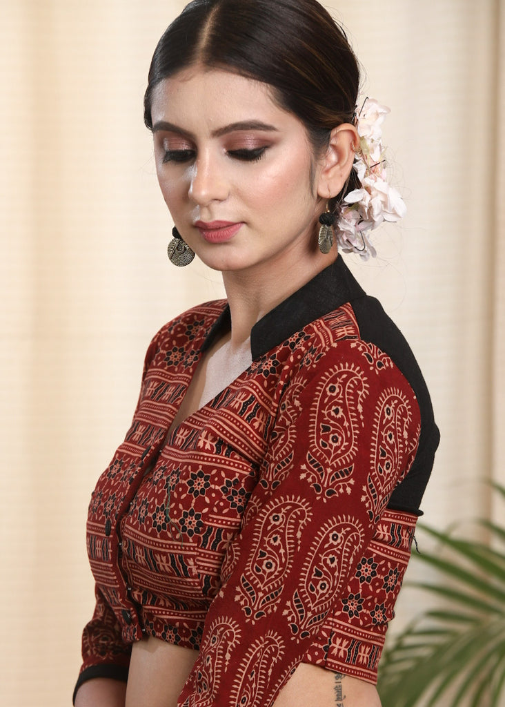 Smartly Styled Ajrakh Cotton Combination Blouse