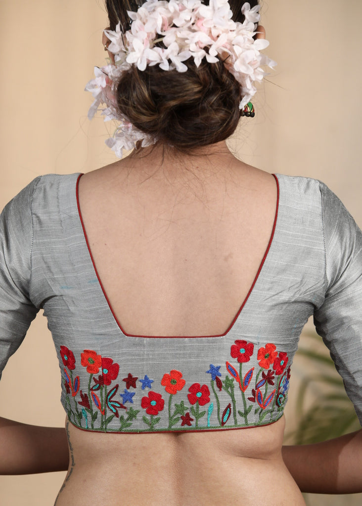 Silver Grey Cotton Silk Blouse With Beautiful Floral Embroidery at the Back