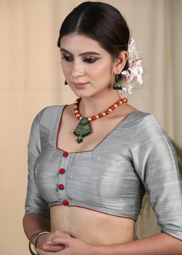 Silver Grey Cotton Silk Blouse With Beautiful Floral Embroidery at the Back