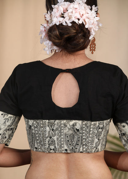 Elegant Black Cotton Slub Blouse with Madhubani Print  on Neck and Sleeves