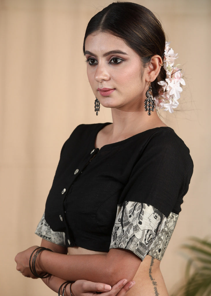 Elegant Black Cotton Slub Blouse with Madhubani Print  on Neck and Sleeves