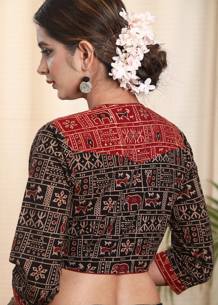 Exclusive Pure Ajrakh Cotton Blouse with Traditional Animal Motifs