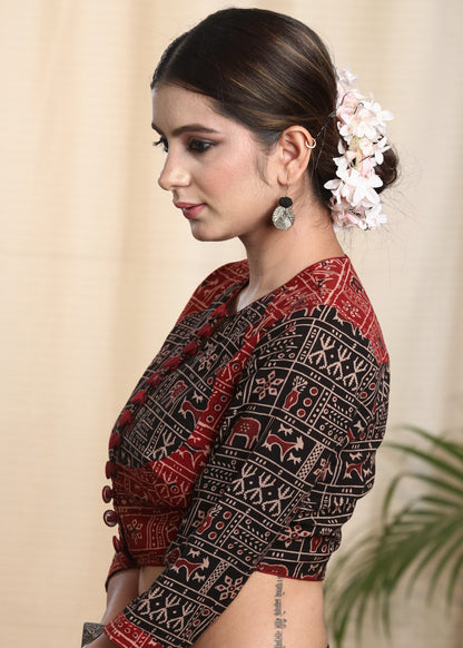 Exclusive Pure Ajrakh Cotton Blouse with Traditional Animal Motifs