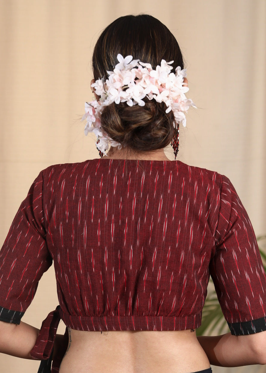 Trendy Cotton Ikat Combination Blouse with a Side Bow