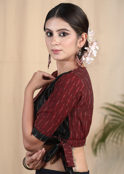 Trendy Cotton Ikat Combination Blouse with a Side Bow