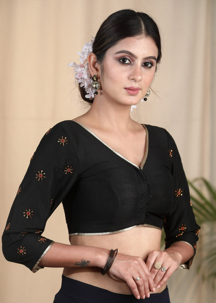 Black Cotton Silk Blouse With Beautiful Hand Zardosi Embroidery on Sleeves