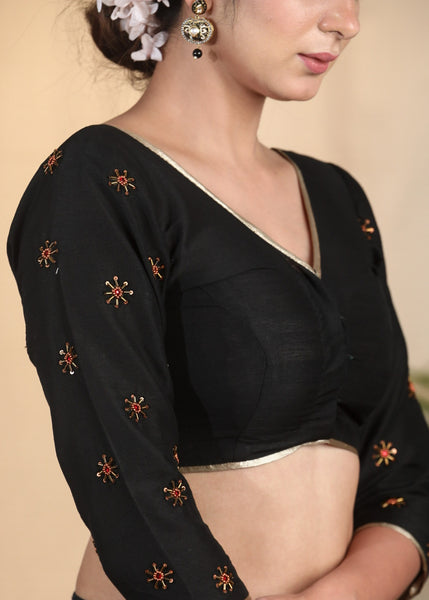 Black Cotton Silk Blouse With Beautiful Hand Zardosi Embroidery on Sleeves