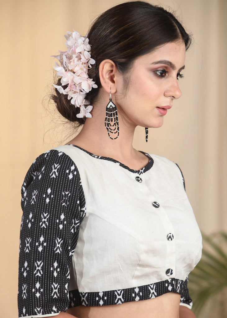 Standout Cotton Slub Blouse With Kantha Print Sleeves and Embroidered Motif On the Backside
