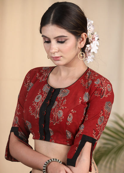 Dussehra Sale — Elegant Brick Colour Cotton Ajrakh Blouse with Designer Sleeves