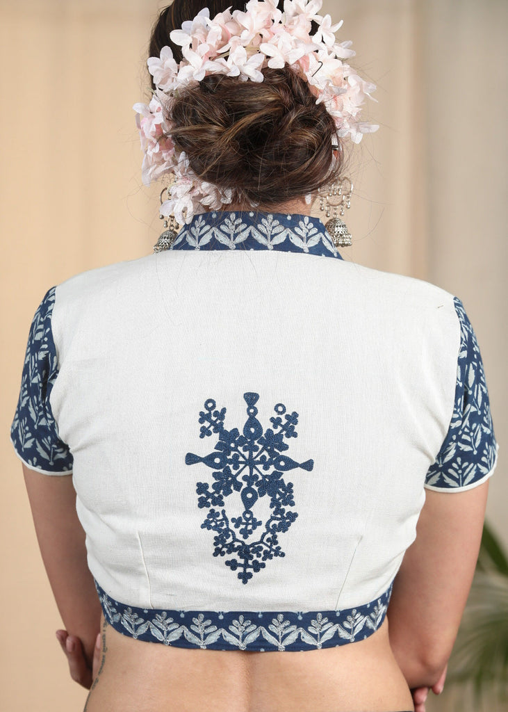 Beautiful Indigo Combination Blouse with Embroidered Motif at the back and Embroidery Highlights on Collar and Hem