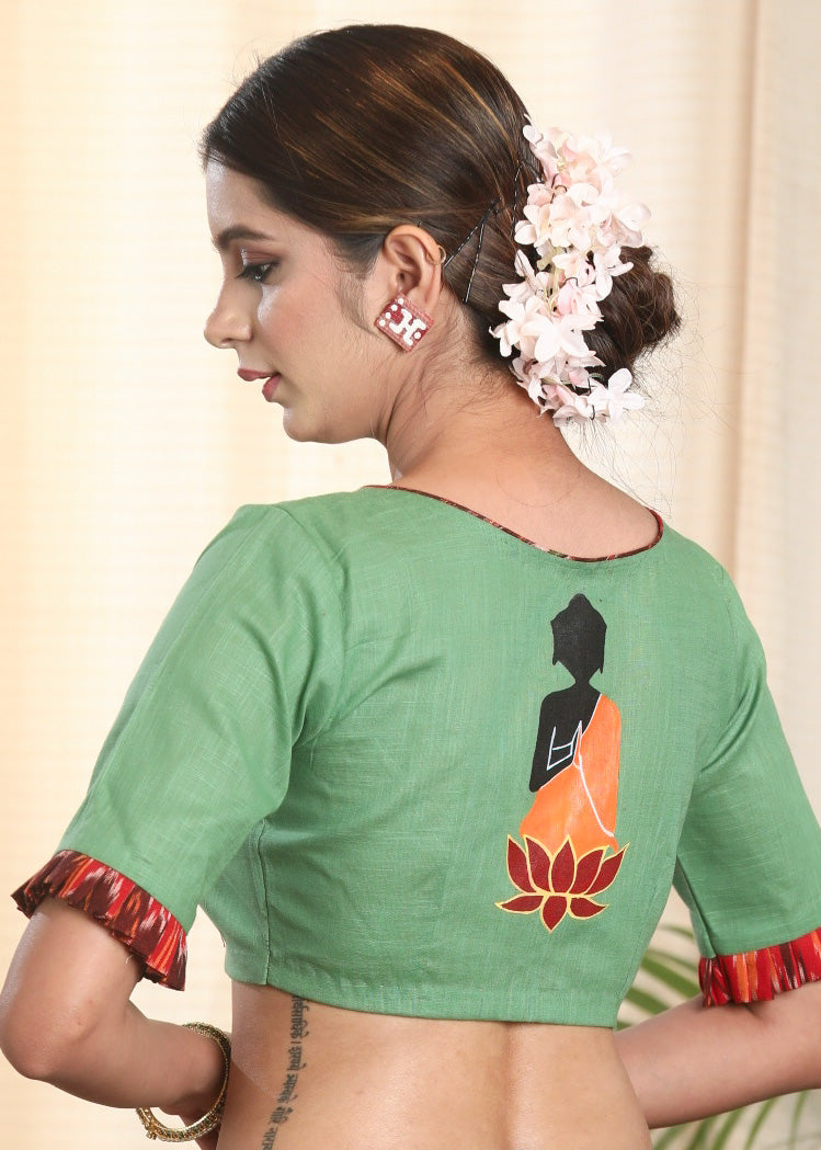 Light Green Pure Cotton-Slub Blouse with Ikat and Calming  hand painted Motif on the Back Side.
