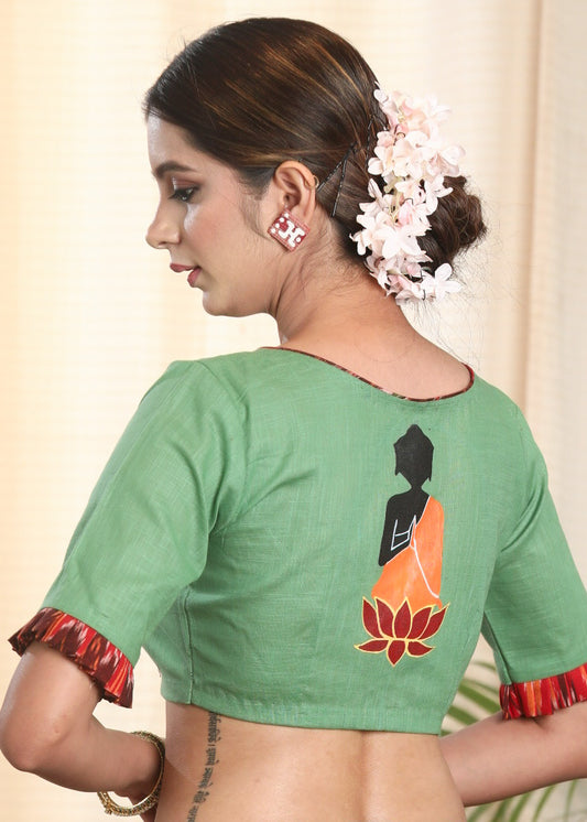 Light Green Pure Cotton-Slub Blouse with Ikat and Calming  hand painted Motif on the Back Side.