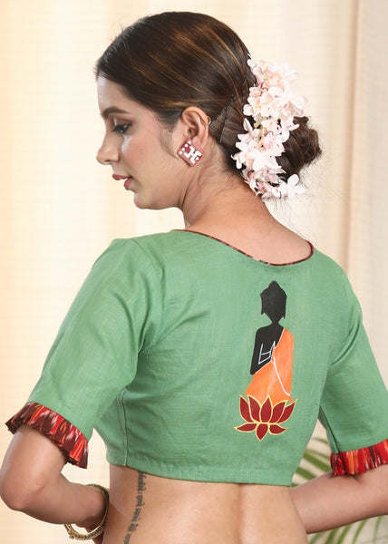 Light Green Pure Cotton-Slub Blouse with Ikat and Calming  hand painted Motif on the Back Side.