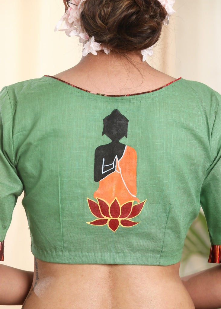 Light Green Pure Cotton-Slub Blouse with Ikat and Calming  hand painted Motif on the Back Side.