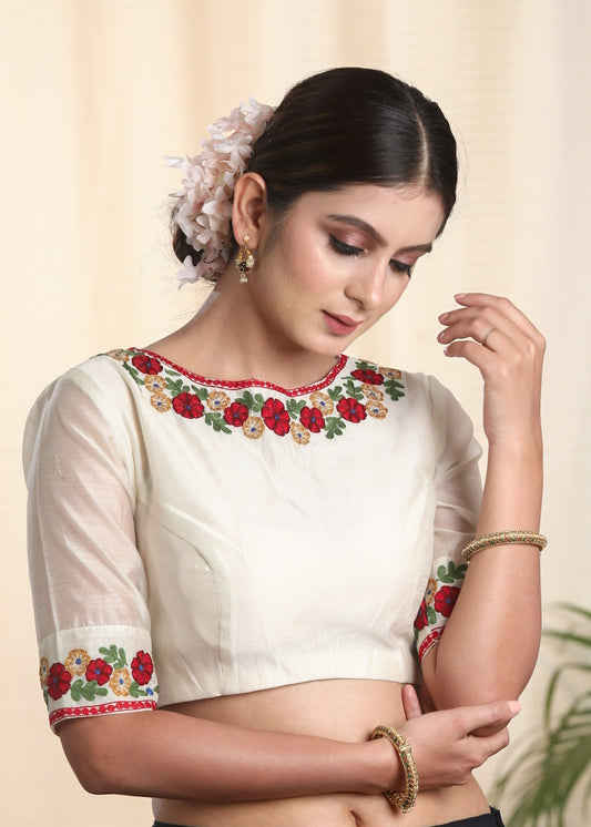 Beautifully Embroidered Off white Chanderi Blouse. Lining Given